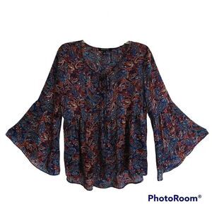 Relativity Black Paisley Gathered Blouse Multi Color 3/4 Bell Sleeve Sz Medium